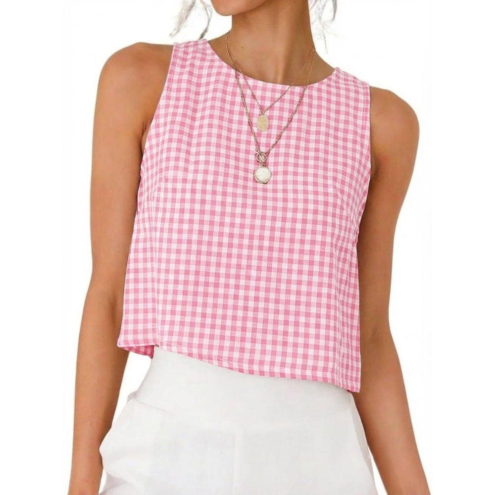 NWT Pink Gingham Tank Top Women Cotton Plaid Button Back Crop Blouse XS